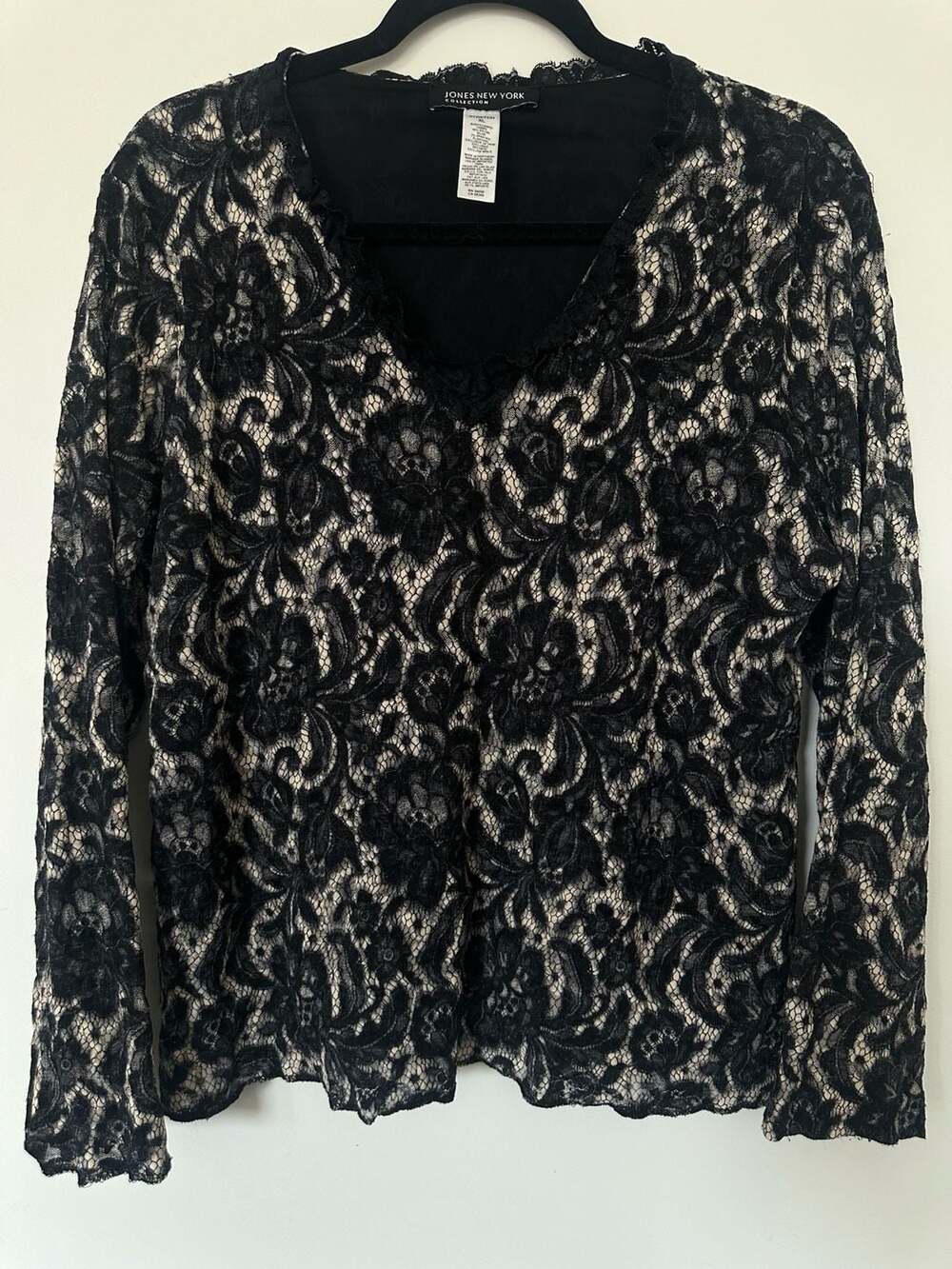 Jones New York Collection Black Lace Long Sleeve V-Neck Top